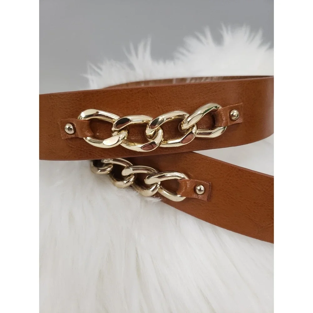 NEW Michael Kors BROWN Leather Gold‎ Chain Belt Size Large